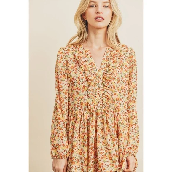 DRESS FORUM Yellow & Orange Ditzy Floral V Neck Mini Dress - Picture 4 of 8